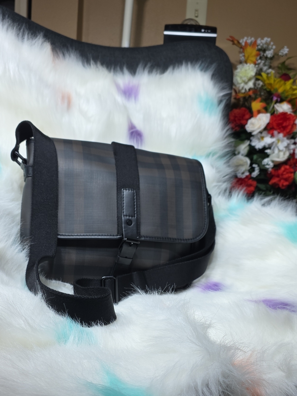 Authentic Fendi Mens Black Plaid Crossbody Bag - Sleek Everyday Carry